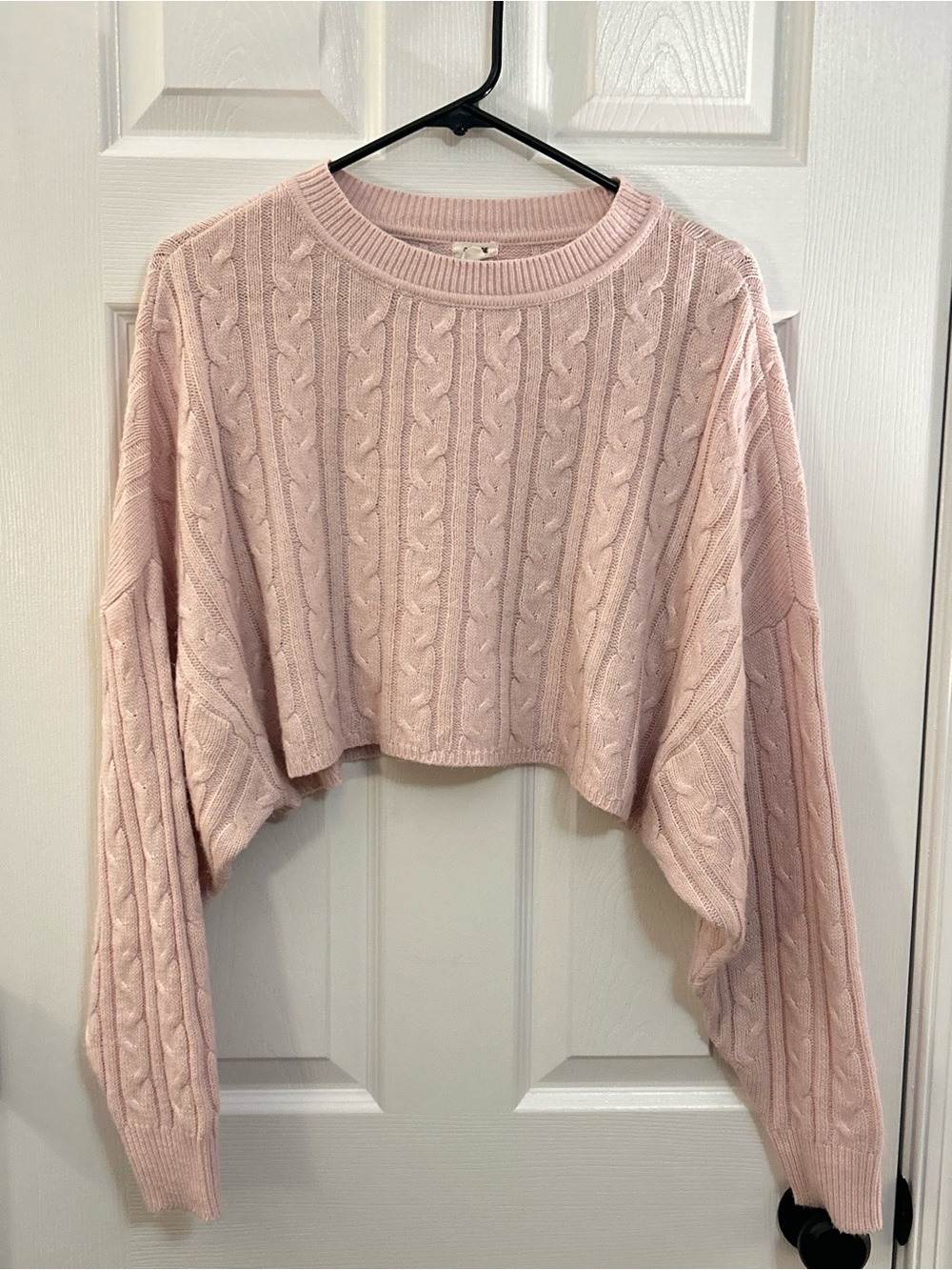 Garage Cropped Cable-Knit Crew Sweater - Light Pink
